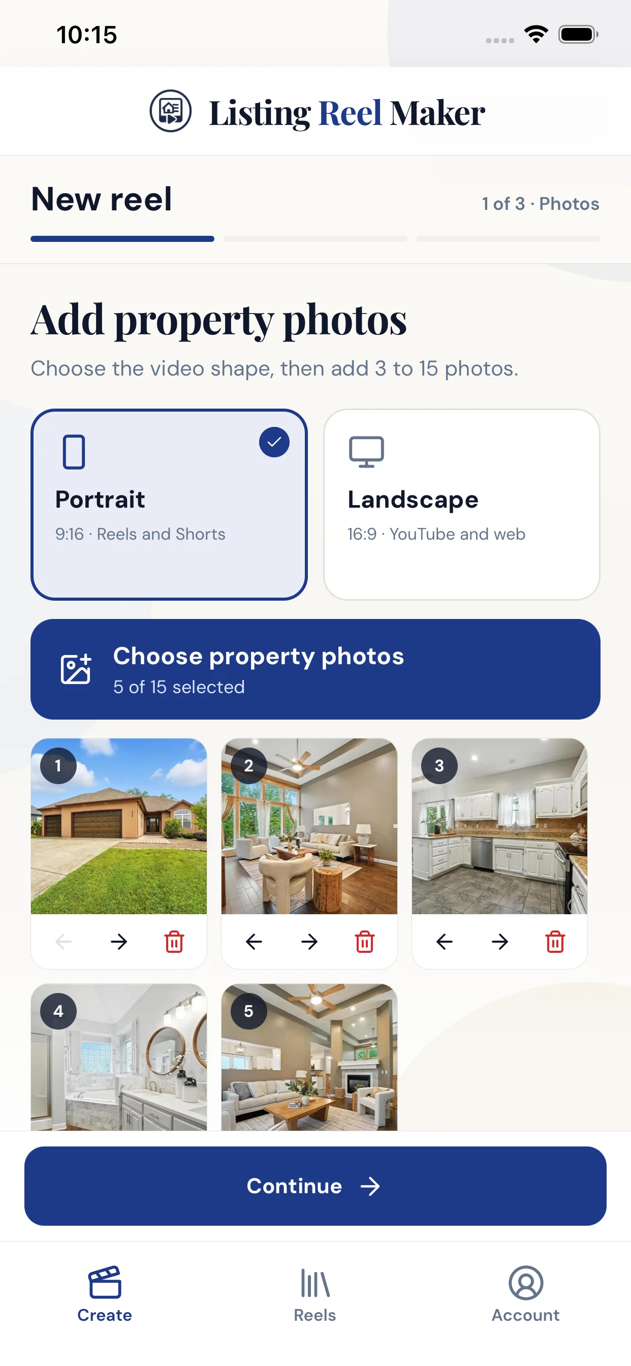 Select property photos in the Listing Reel Maker app