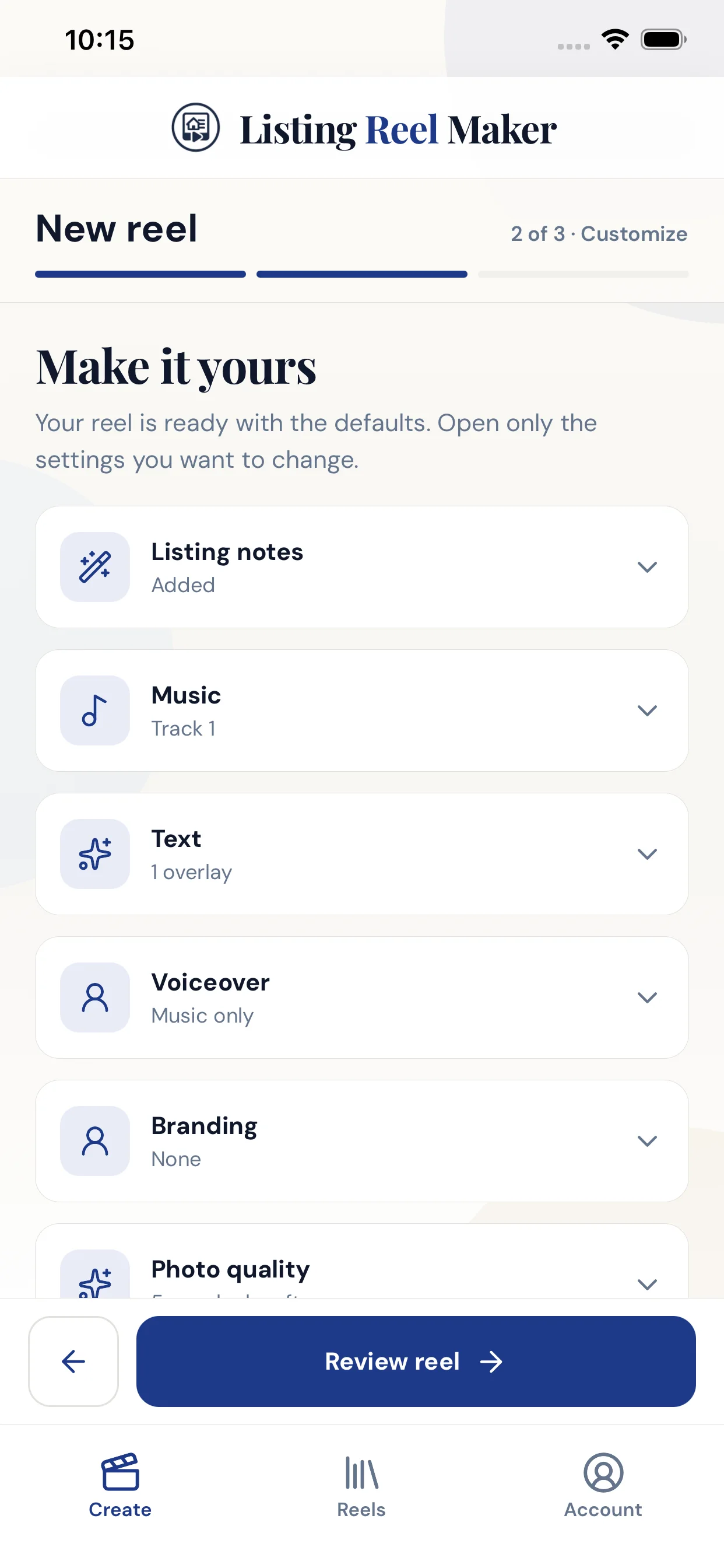 Customize music, text, voiceover, and branding in the Listing Reel Maker app