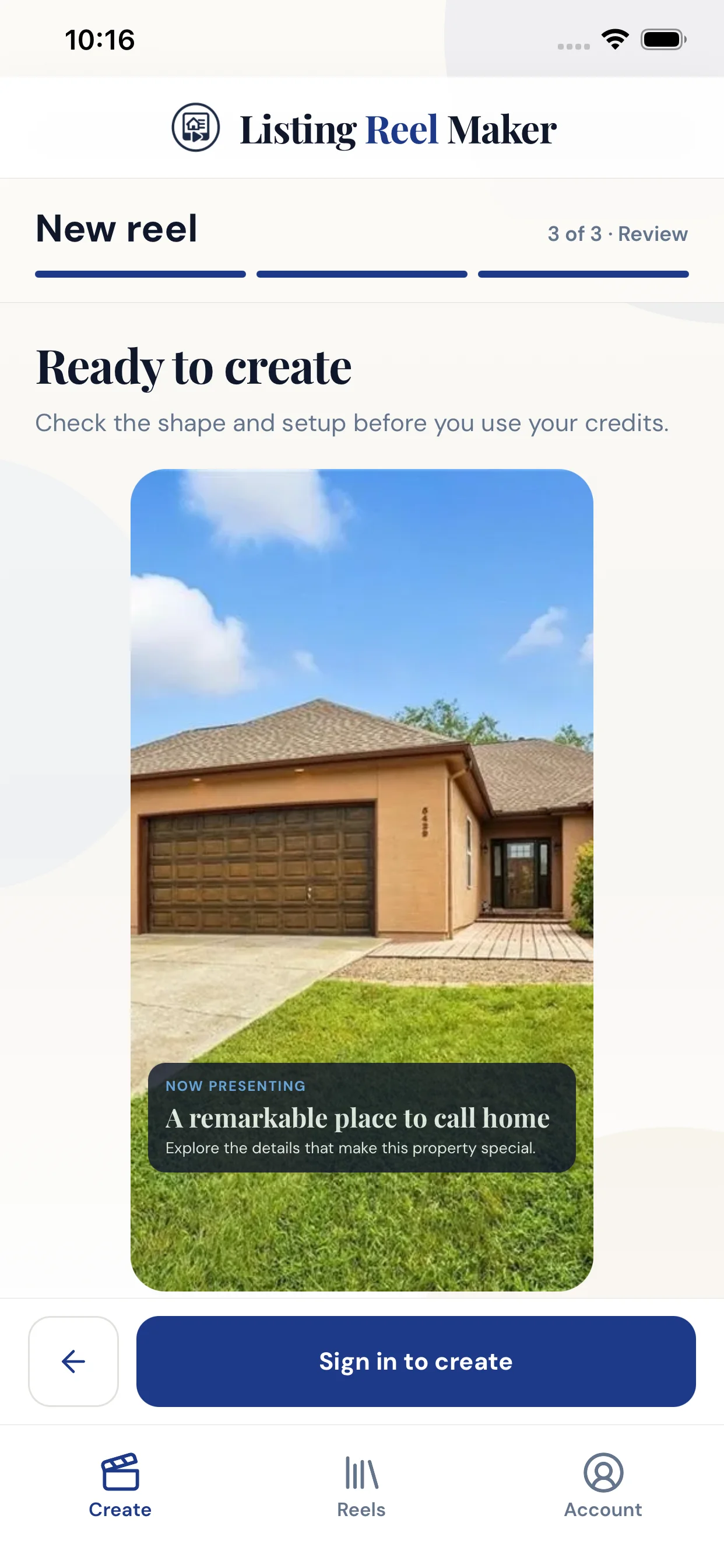 Review a property reel with a listing photo and text overlay